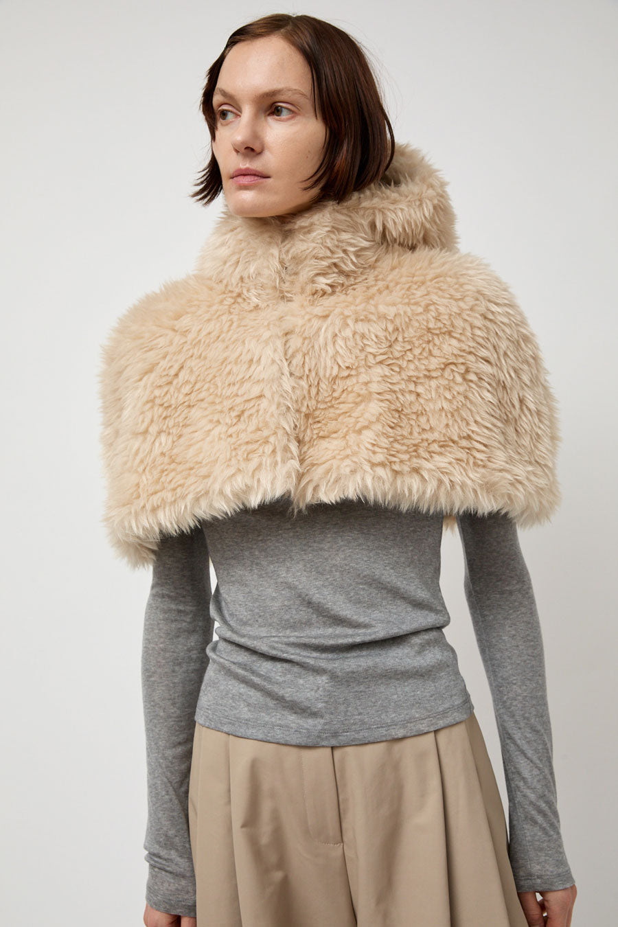 Amomento Reversible Shearling Hooded Cape in Beige