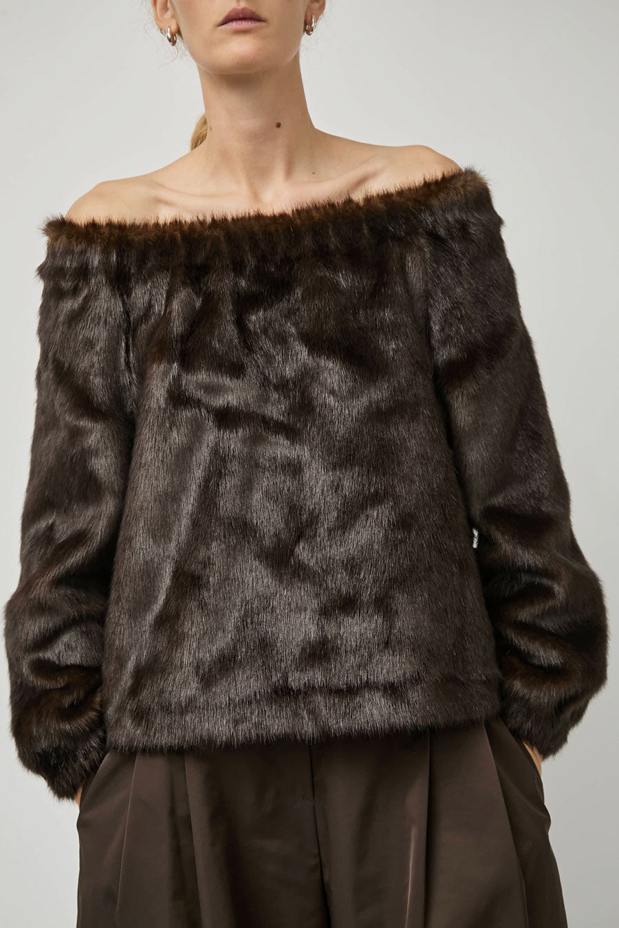 Amomento Shearing Off Shoulder Top in Dark Brown