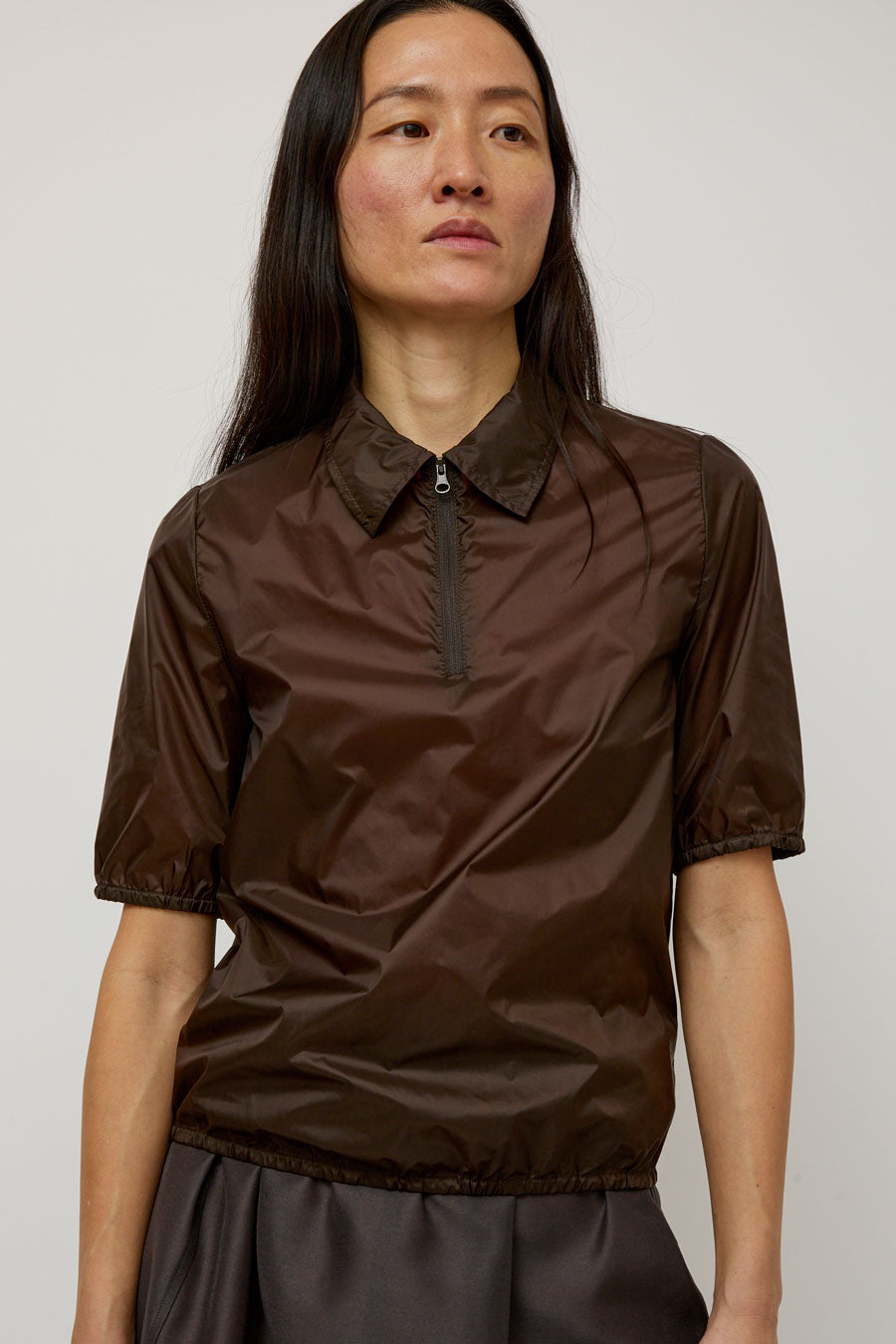 Amomento Sheer Half Zip Up Top in Brown