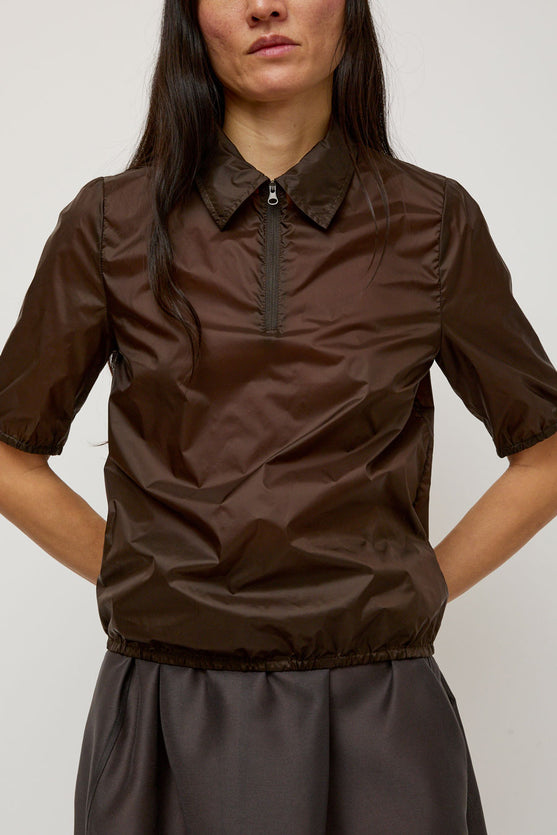 Amomento Sheer Half Zip Up Top in Brown