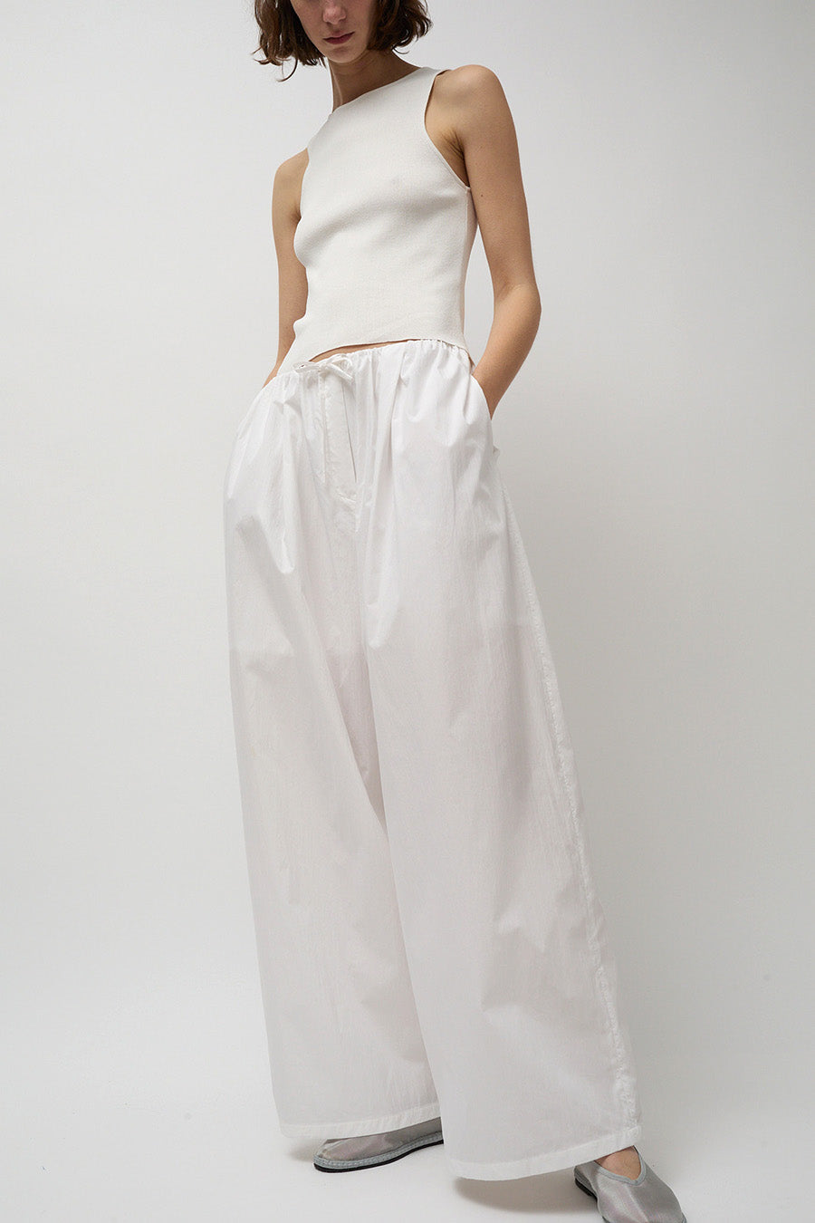 Amomento Cotton Banding Wide Pants in White