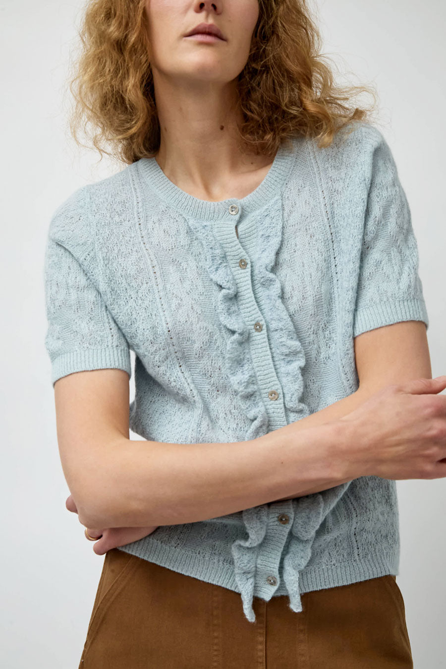 Atelier Delphine Lacy Short Sleeve Cardigan in Light Blue