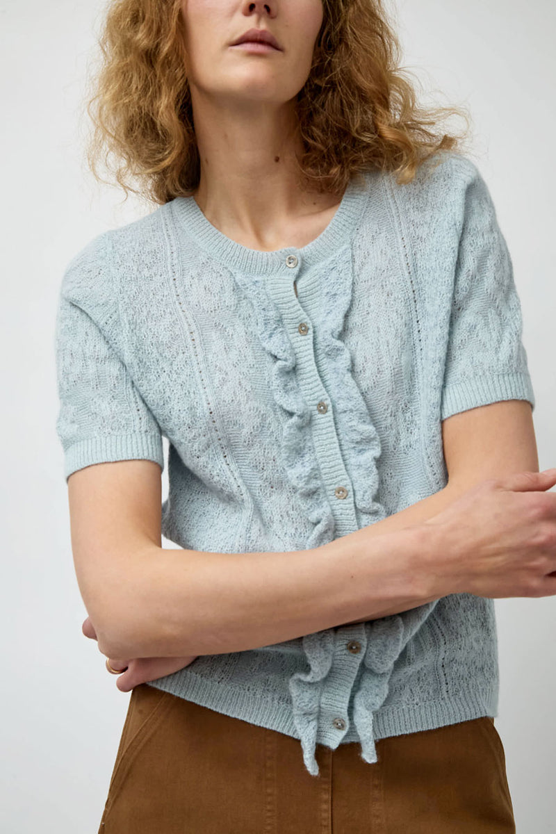 Atelier Delphine Lacy Short Sleeve Cardigan in Light Blue