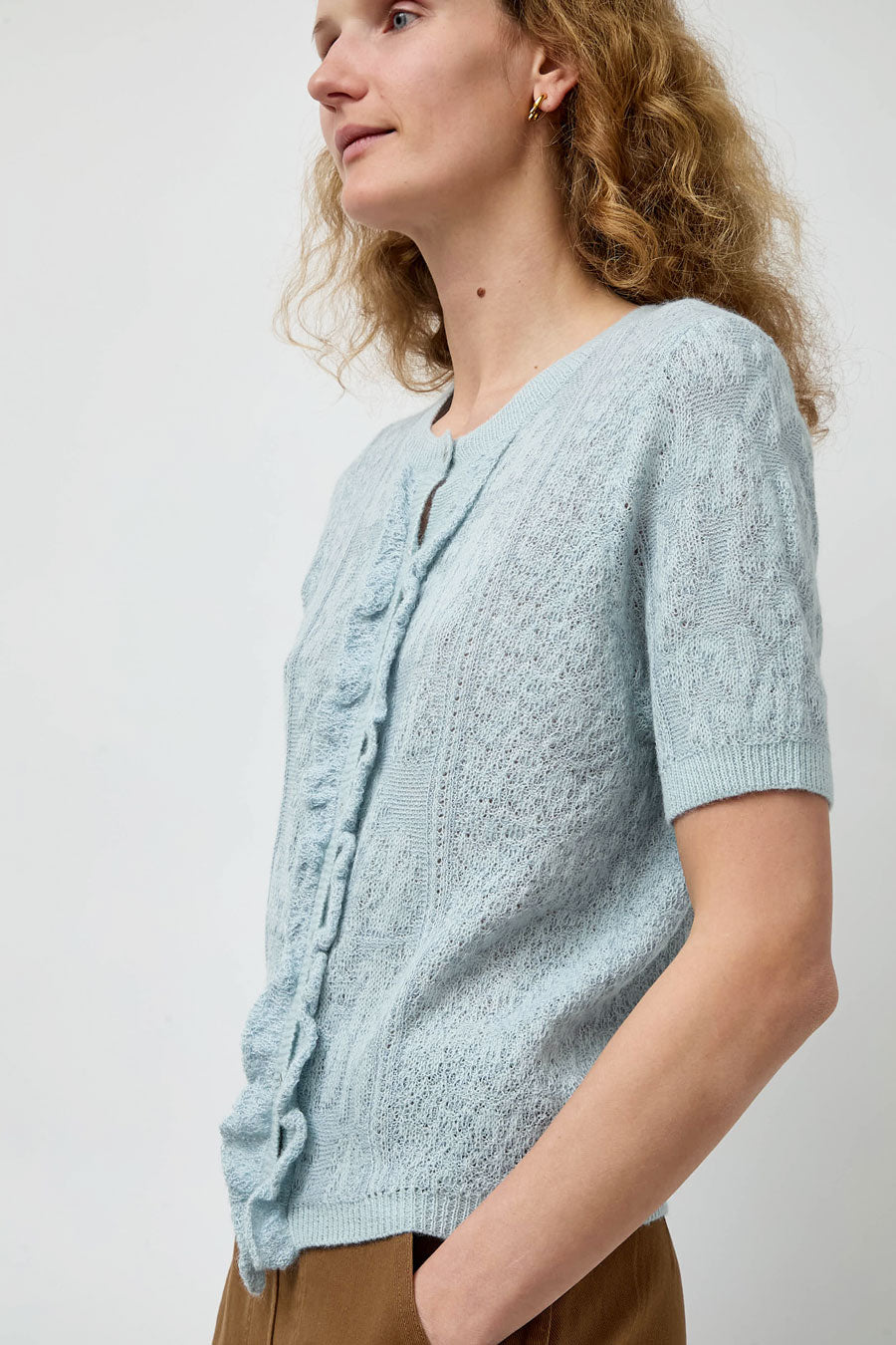Atelier Delphine Lacy Short Sleeve Cardigan in Light Blue