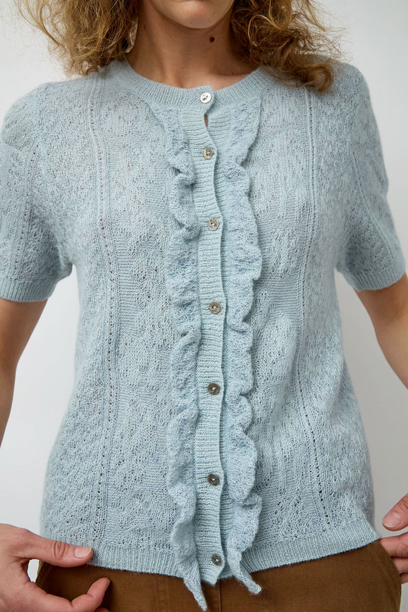 Atelier Delphine Lacy Short Sleeve Cardigan in Light Blue