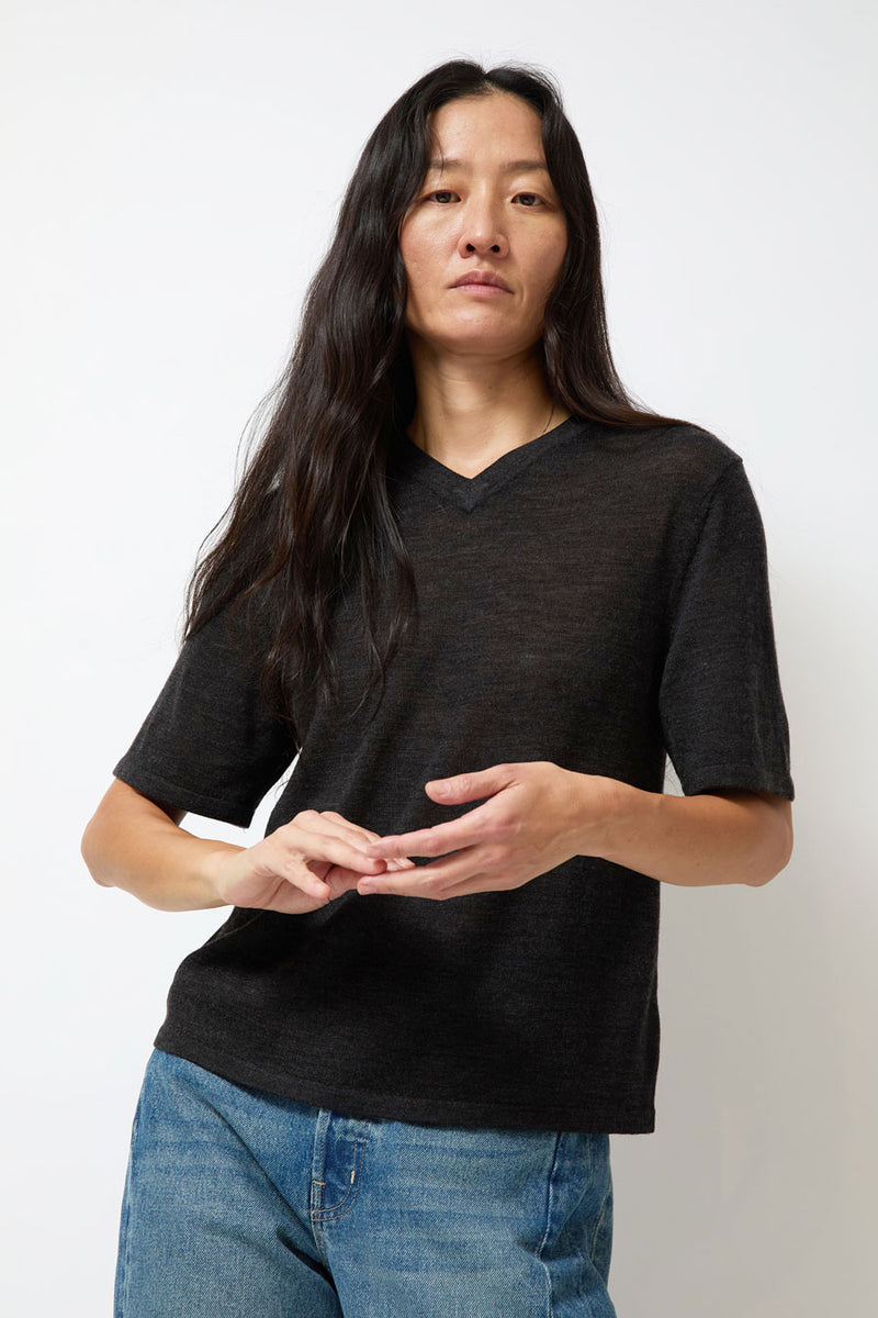 B Sides Ultrafine Short Sleeve V Neck in Charcoal Merino