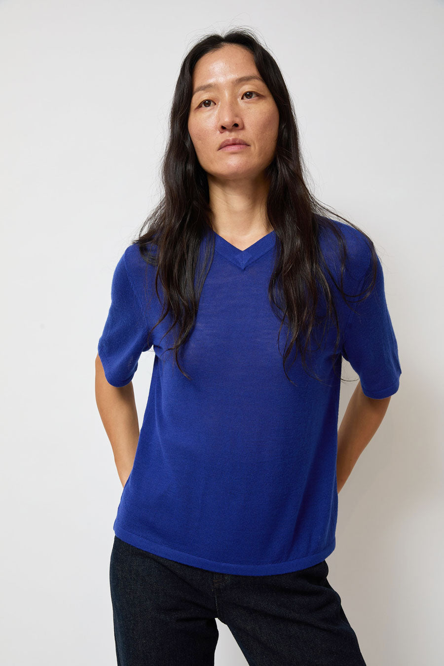 B Sides Ultrafine Short Sleeve V Neck in Cobalt Merino