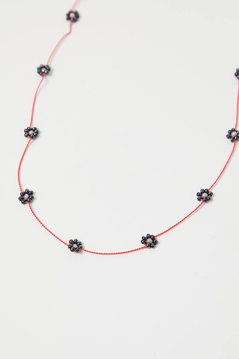 Berni Gunmetal Bloom Necklace in Metallic Beads and Coral Silk