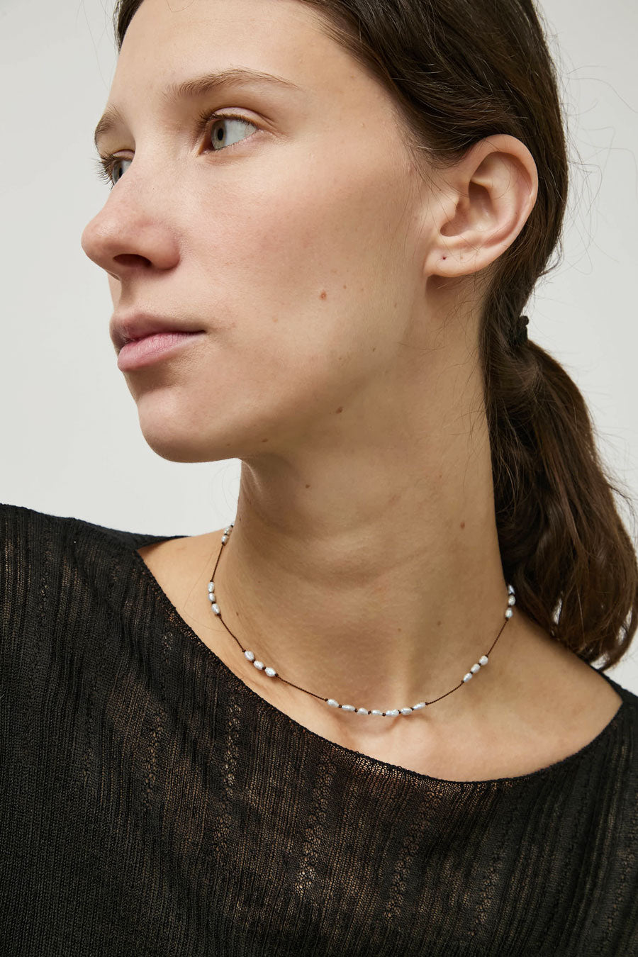 Berni Paper Moon Necklace in Baroque Blue Pearl and Chocolate Silk