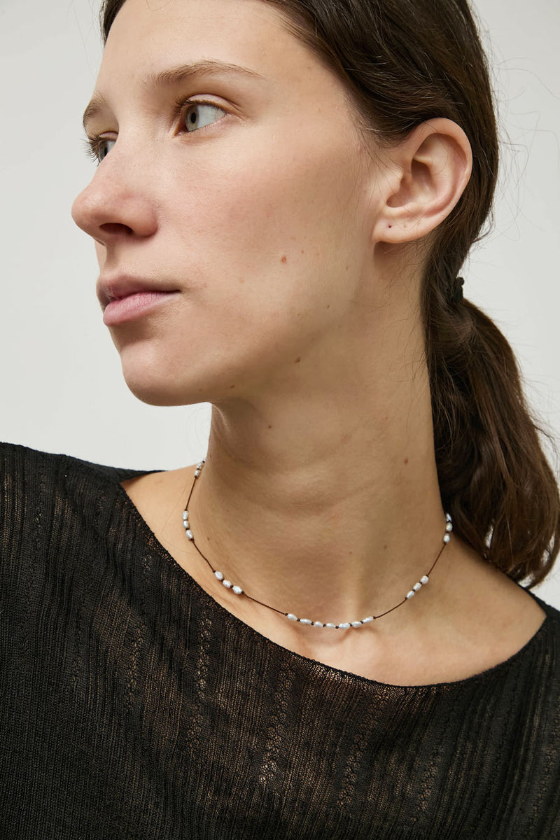 Berni Paper Moon Necklace in Baroque Blue Pearl and Chocolate Silk