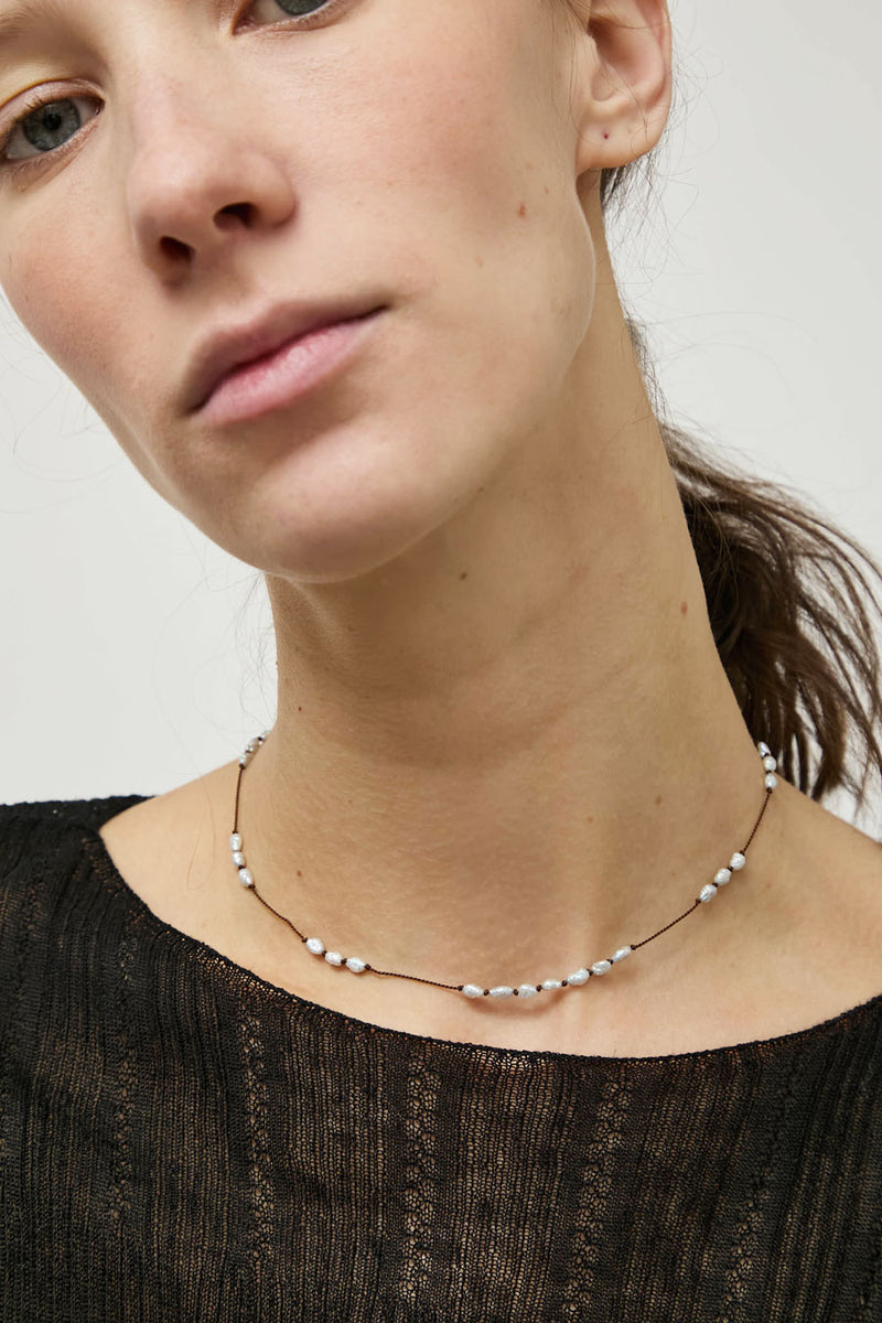 Berni Paper Moon Necklace in Baroque Blue Pearl and Chocolate Silk