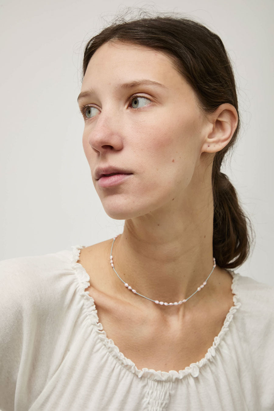 Berni Paper Moon Necklace in Baroque Pink Pearl and Sky Silk