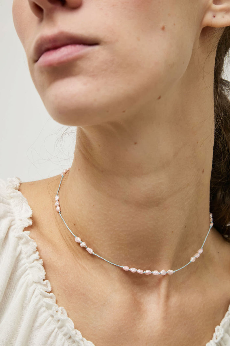 Berni Paper Moon Necklace in Baroque Pink Pearl and Sky Silk