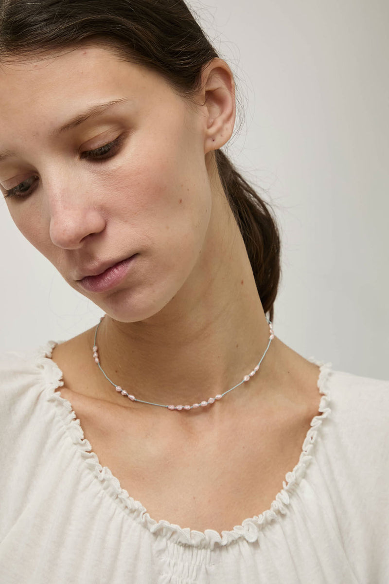 Berni Paper Moon Necklace in Baroque Pink Pearl and Sky Silk
