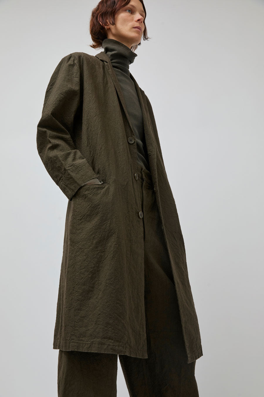 Black Crane Crinkled Coat in Charcoal