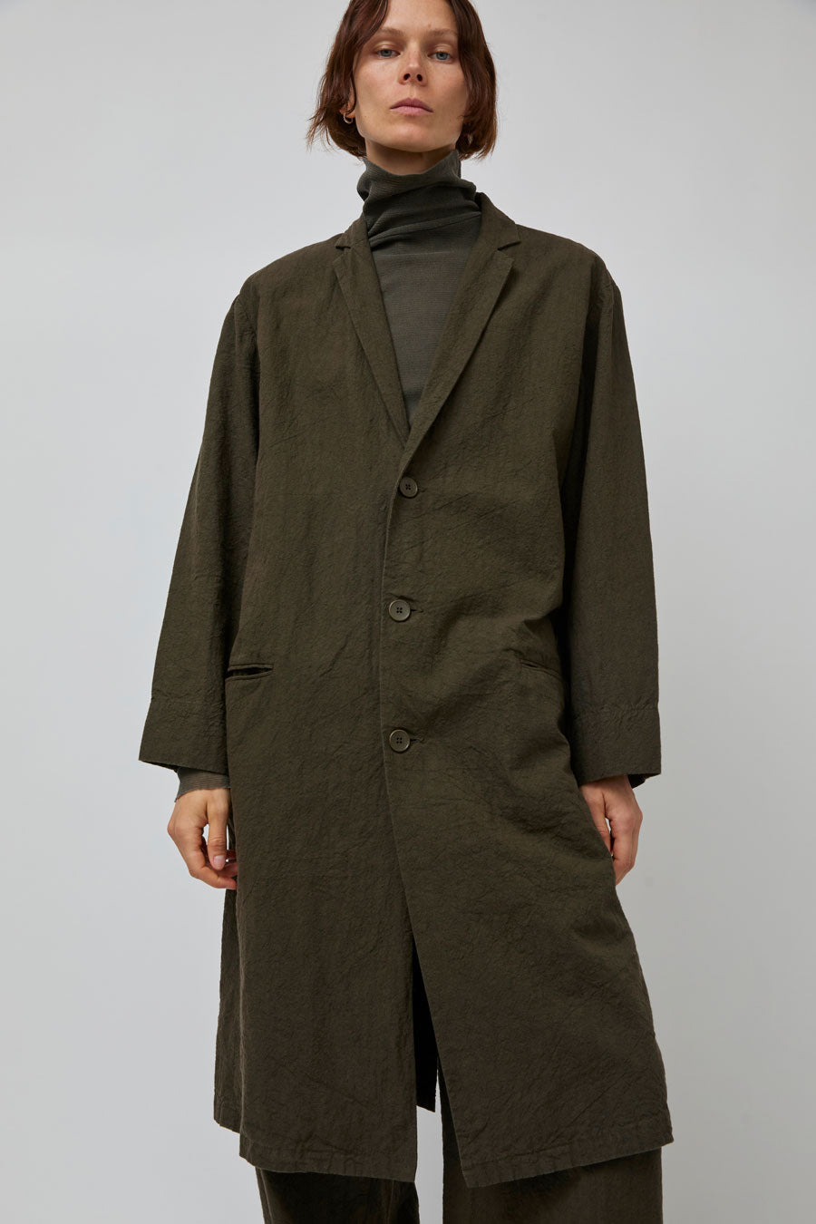 Black Crane Crinkled Coat in Charcoal