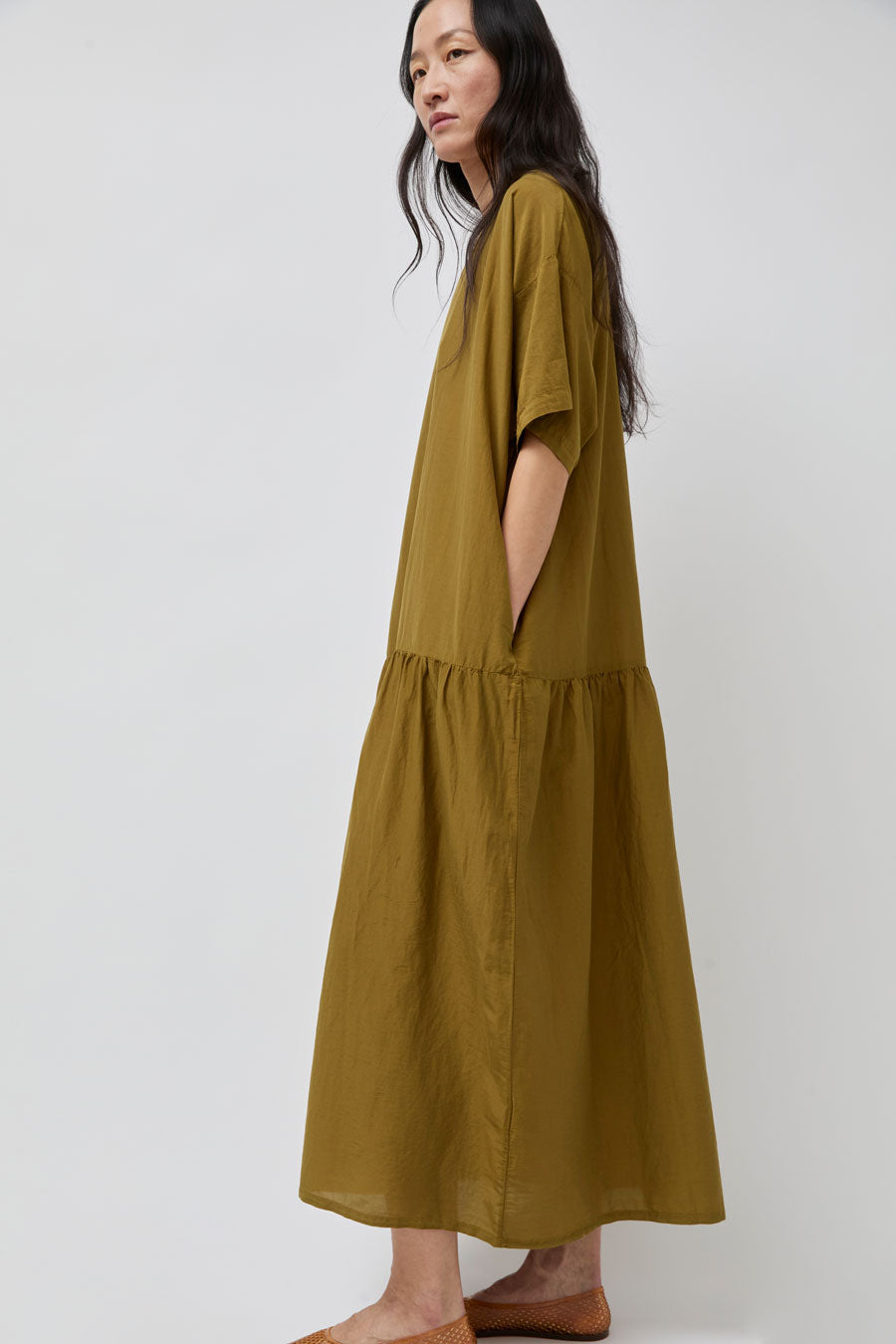 Black Crane Easy Dress in Dark Olive
