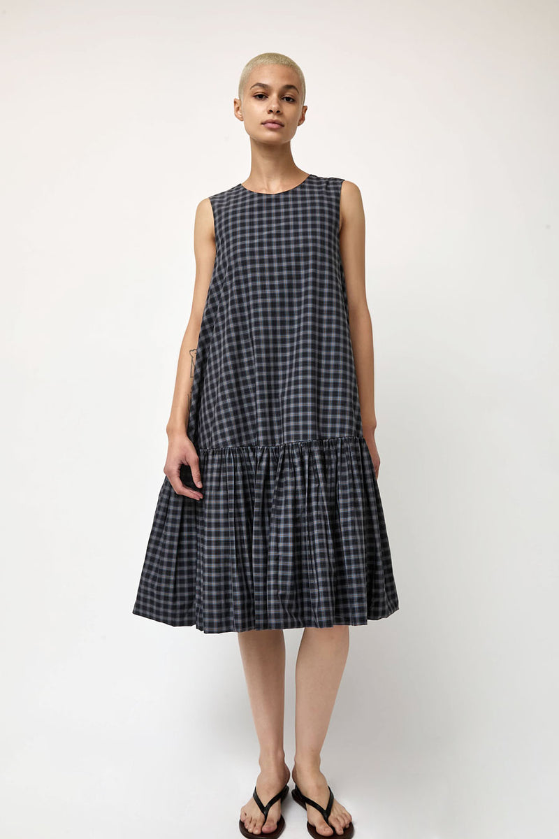 CORDERA Checked Balloon Dress in Navy and Orange