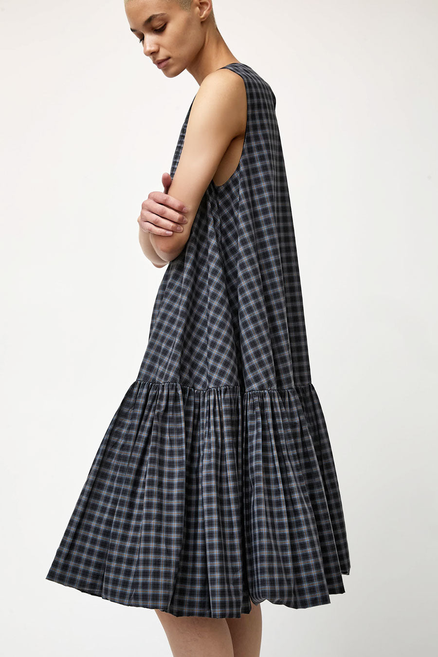 CORDERA Checked Balloon Dress in Navy and Orange