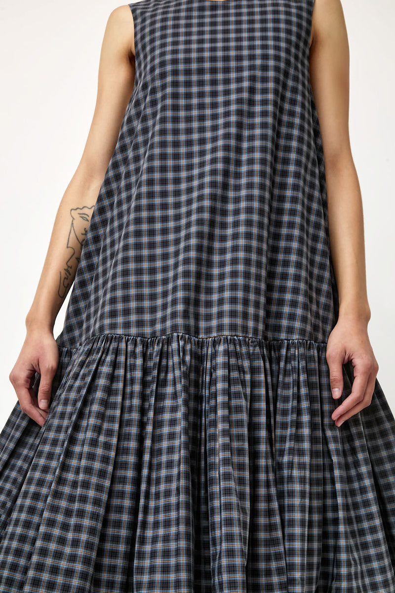 CORDERA Checked Balloon Dress in Navy and Orange