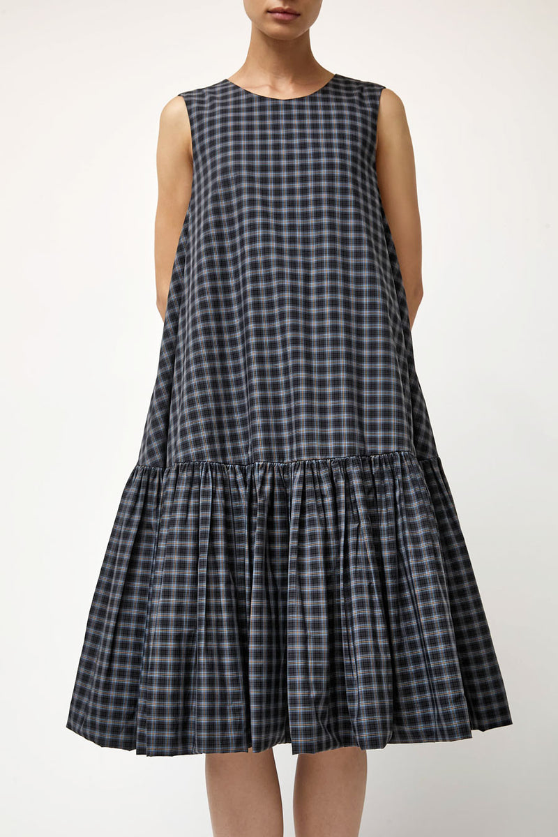 CORDERA Checked Balloon Dress in Navy and Orange