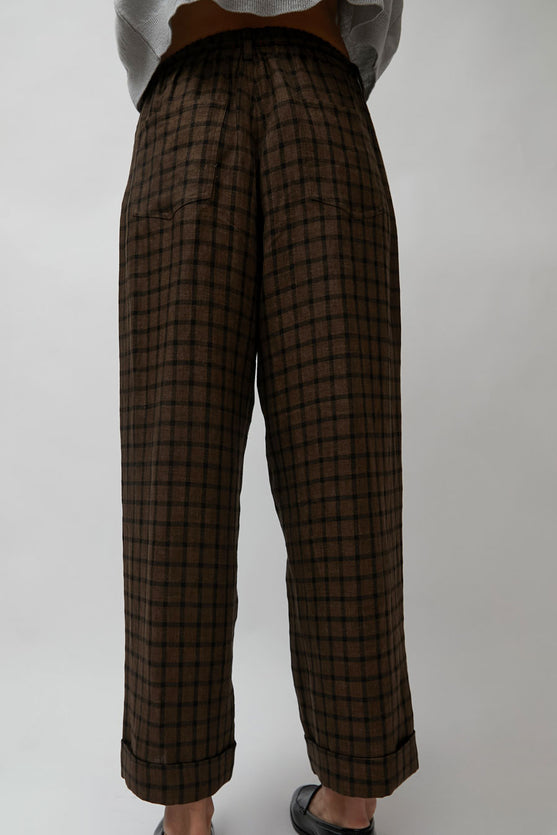 CORDERA Linen Relaxed Checkered Pants in Brown