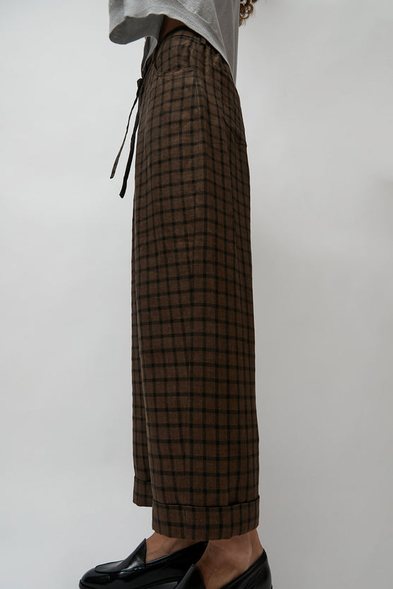 CORDERA Linen Relaxed Checkered Pants in Brown