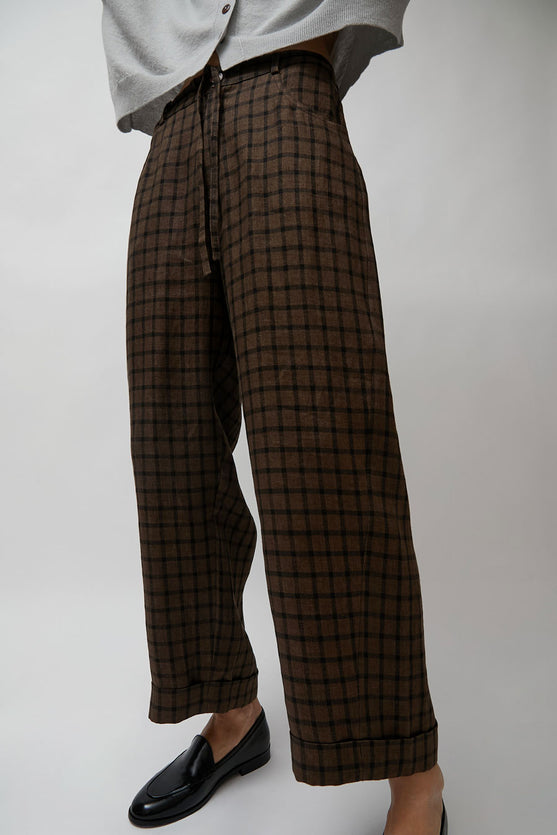 CORDERA Linen Relaxed Checkered Pants in Brown