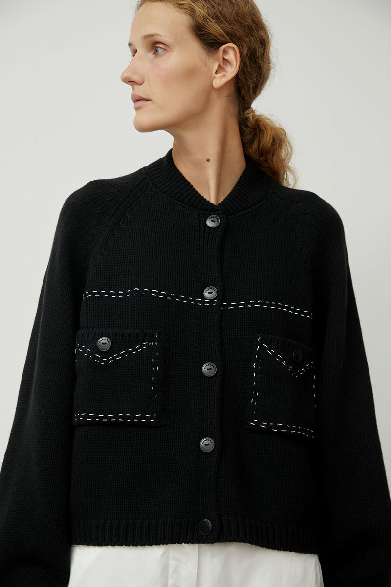 CORDERA Merino Wool Stitched Cardigan in Black