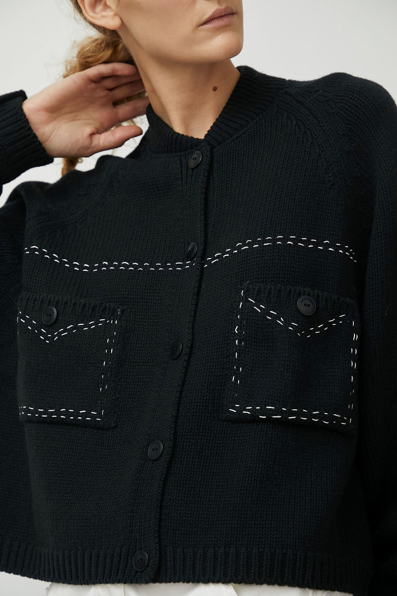 CORDERA Merino Wool Stitched Cardigan in Black