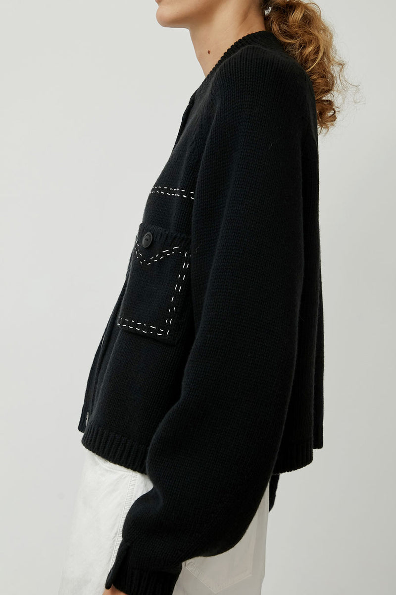 CORDERA Merino Wool Stitched Cardigan in Black