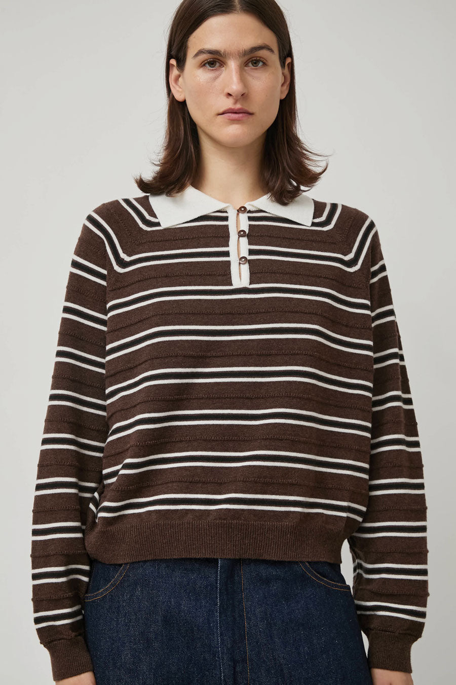 CORDERA Merino Wool Striped Polo in Brown