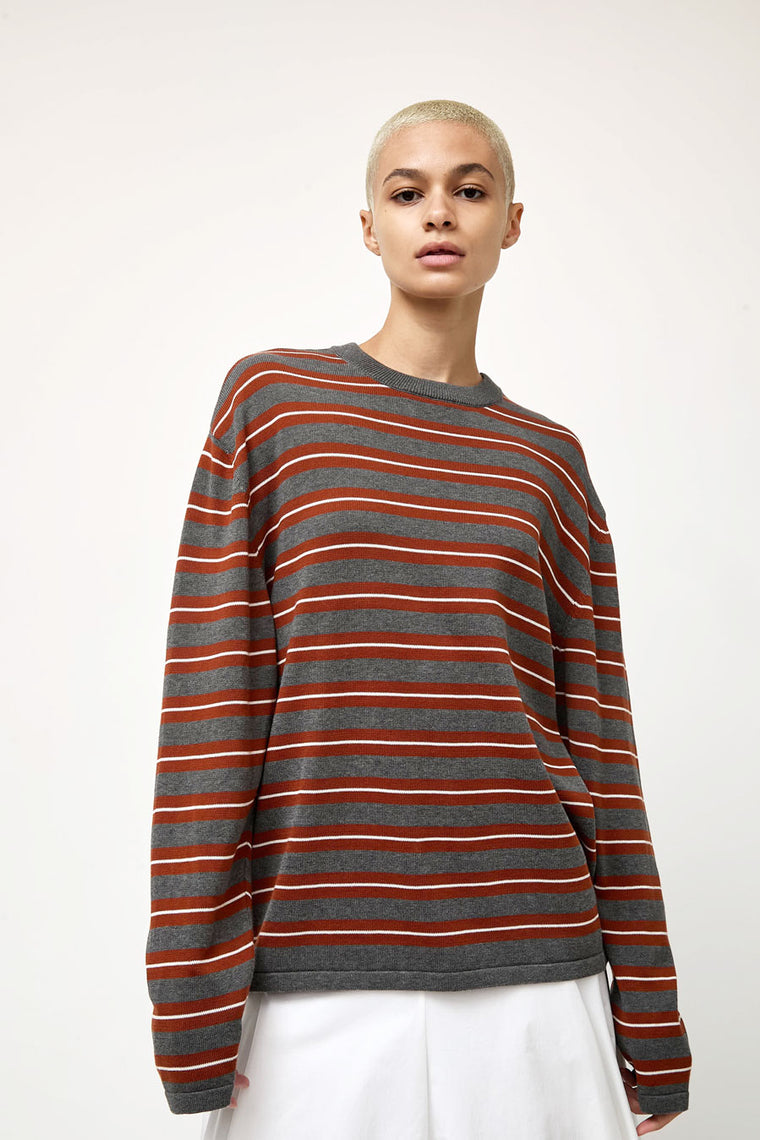 CORDERA Organic Cotton Striped Long Sleeve Tee in Charcoal