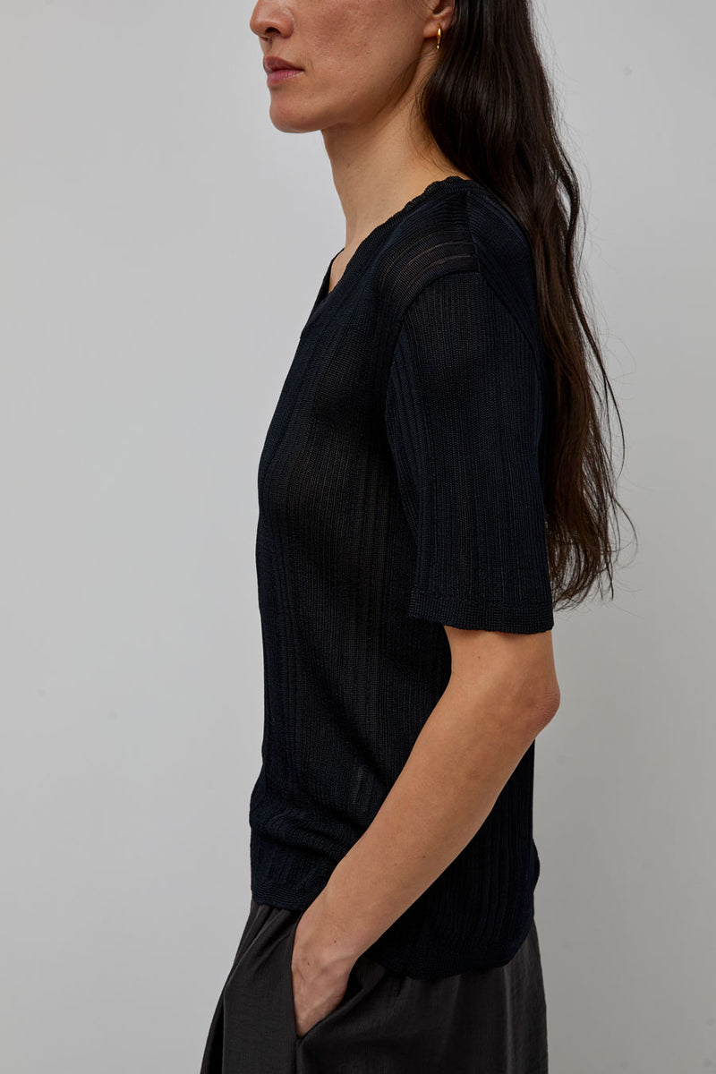 CORDERA Ribbed Knit T-Shirt in Navy