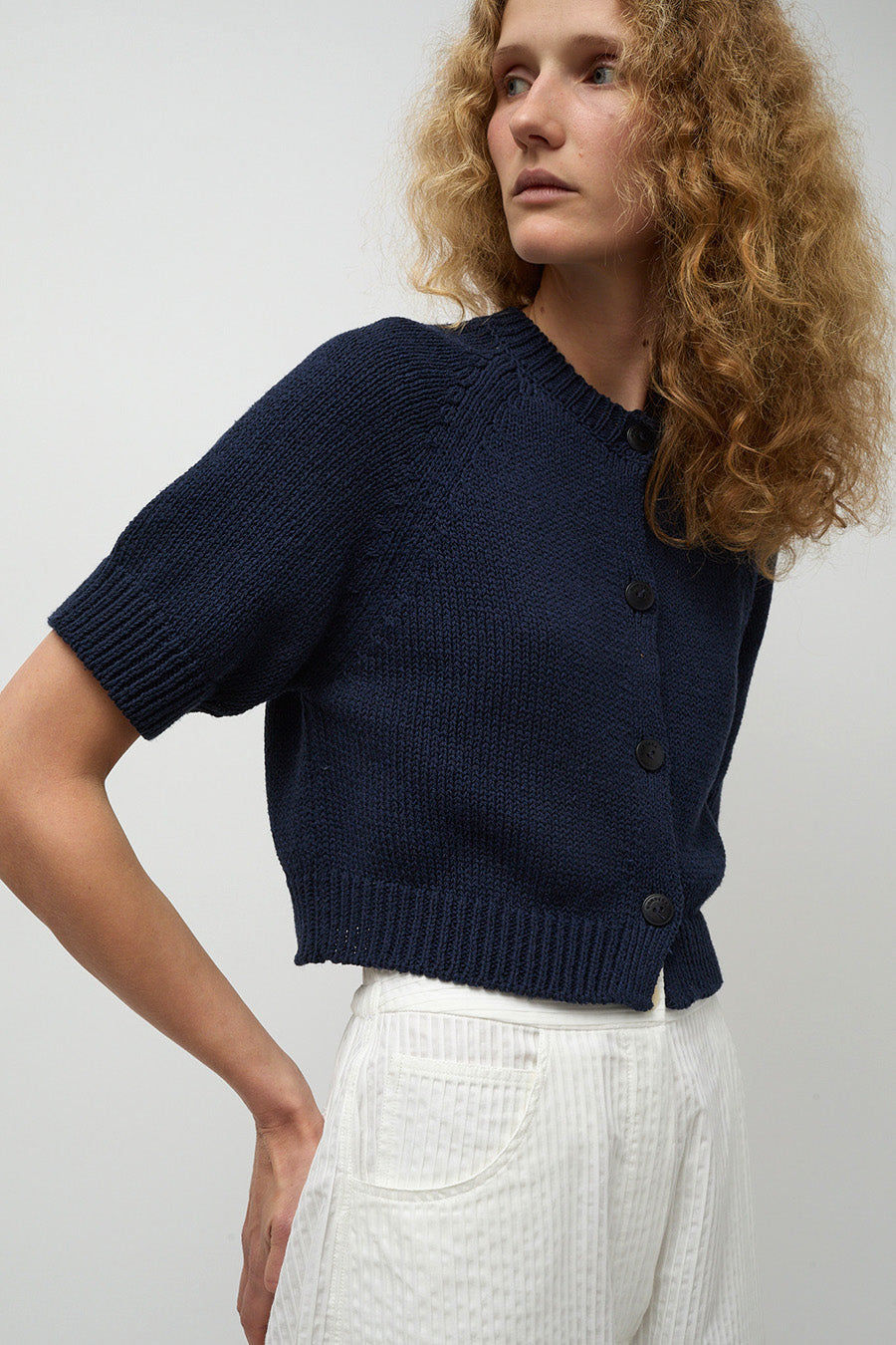 CORDERA Cotton Button Up Top in Navy