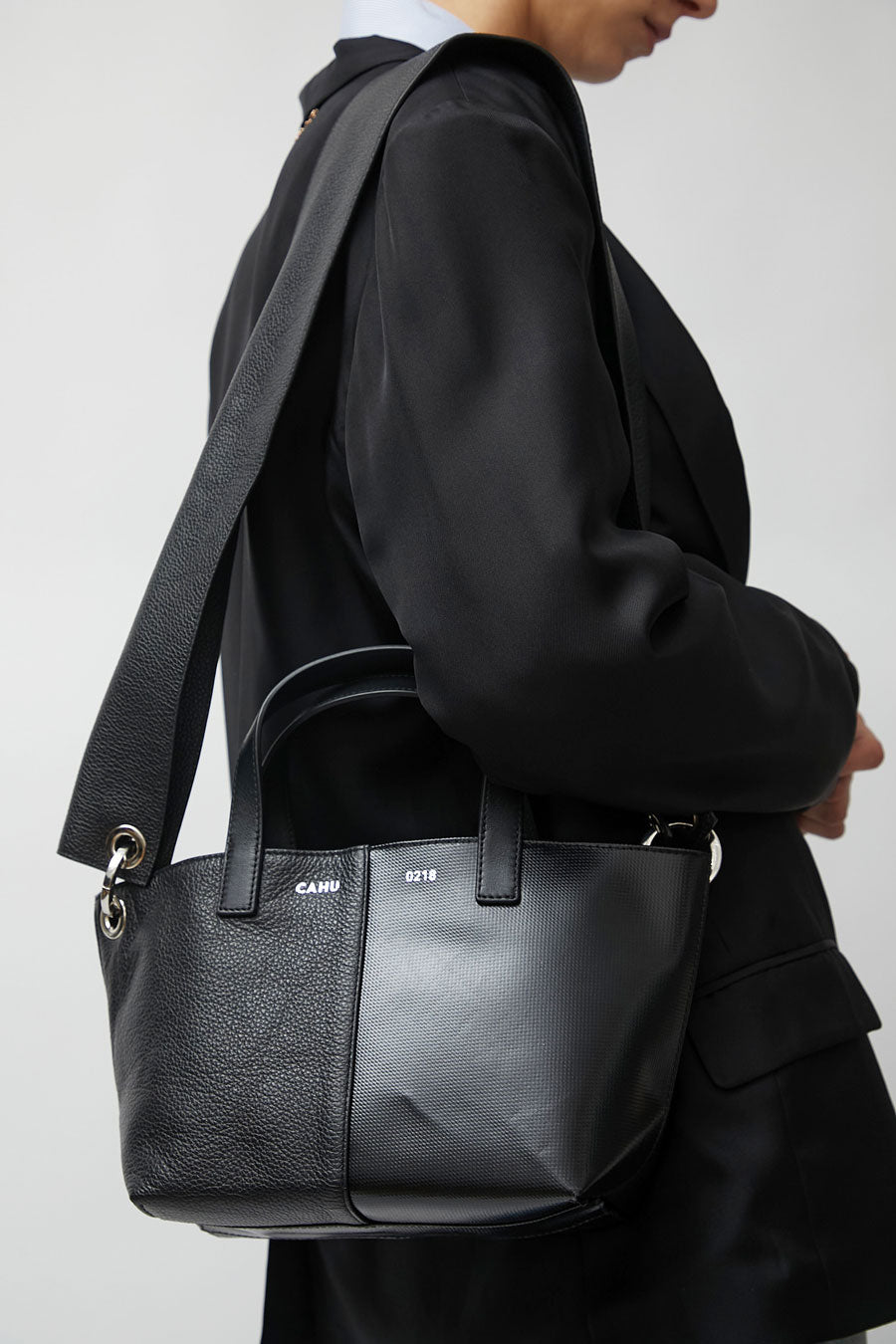 Cahu XS Pratique Bigout Bag in Black PVC and Black Leather