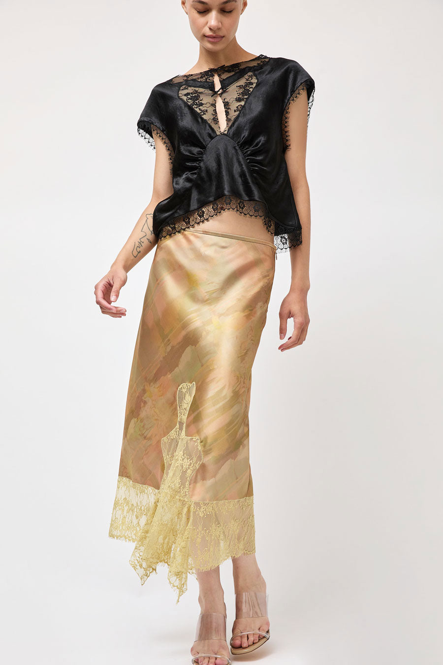 Collina Strada Satin Hiss Skirt in Olive Gua Sha