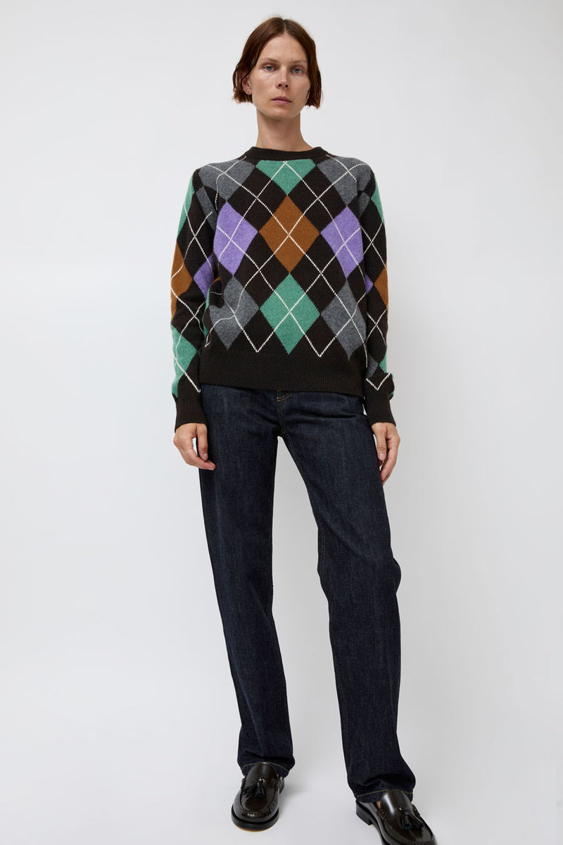 &Daughter Argyle Slouch Crewneck in Dark Brown with Mint Green