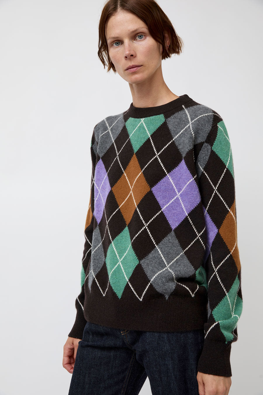 &Daughter Argyle Slouch Crewneck in Dark Brown with Mint Green