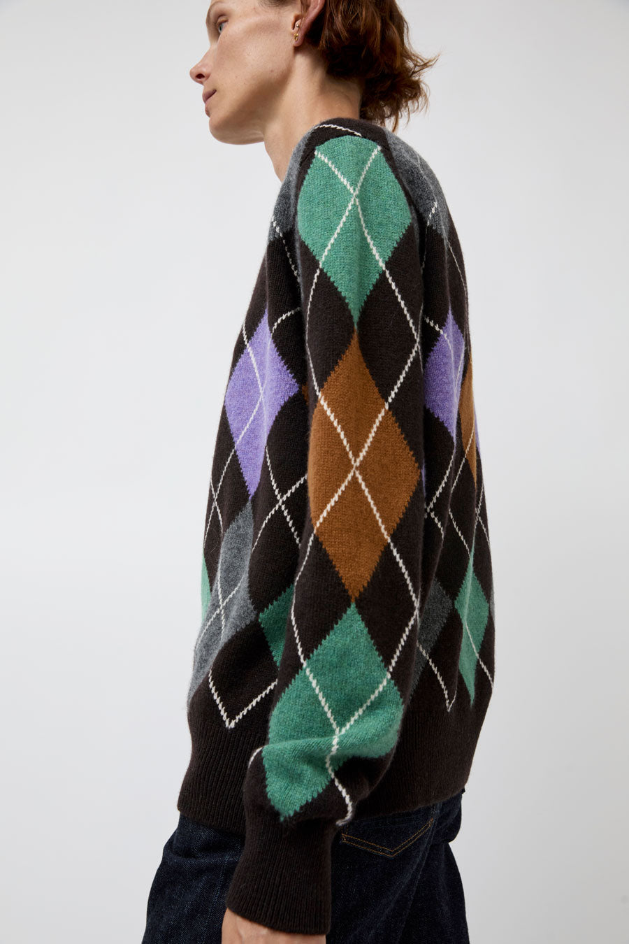 &Daughter Argyle Slouch Crewneck in Dark Brown with Mint Green