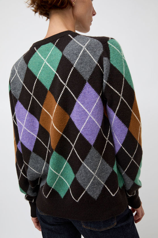 &Daughter Argyle Slouch Crewneck in Dark Brown with Mint Green