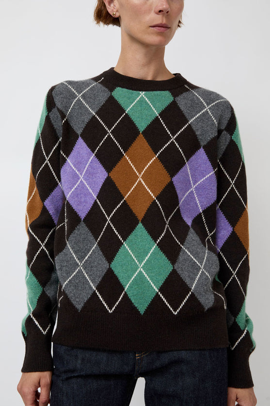 &Daughter Argyle Slouch Crewneck in Dark Brown with Mint Green