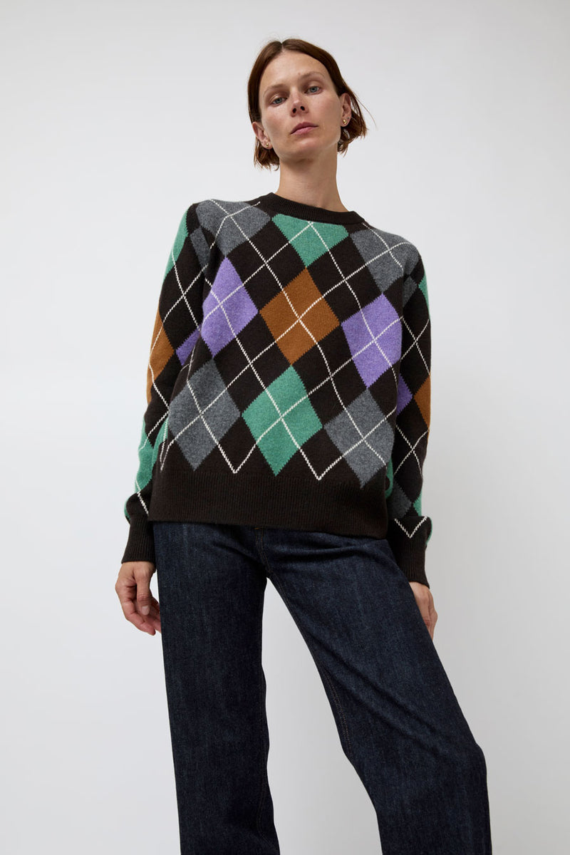 &Daughter Argyle Slouch Crewneck in Dark Brown with Mint Green