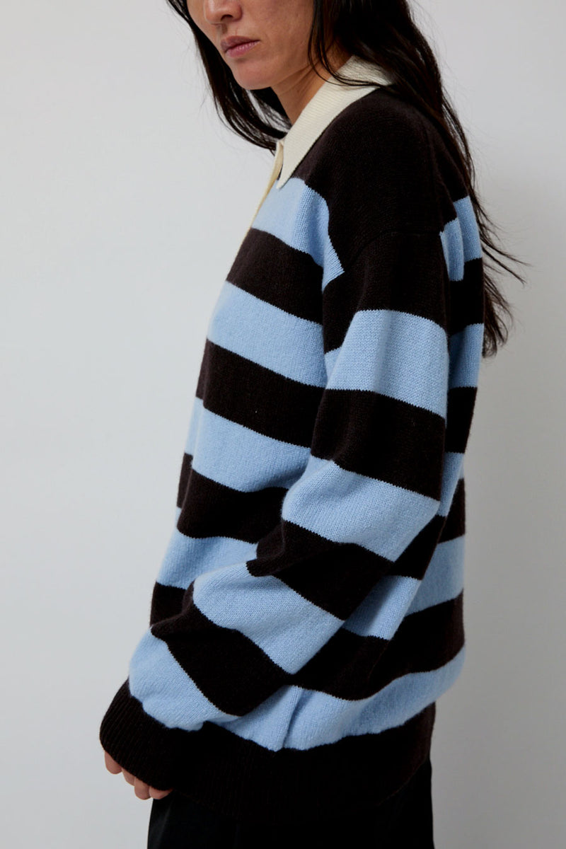 &Daughter Edith Stripe Polo Sweater in Dark Brown and Pale Blue