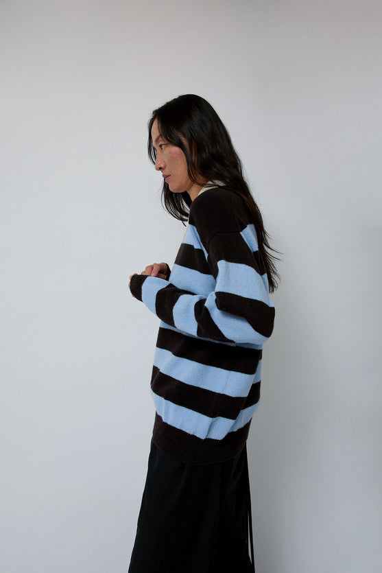 &Daughter Edith Stripe Polo Sweater in Dark Brown and Pale Blue