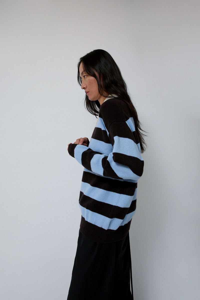 &Daughter Edith Stripe Polo Sweater in Dark Brown and Pale Blue