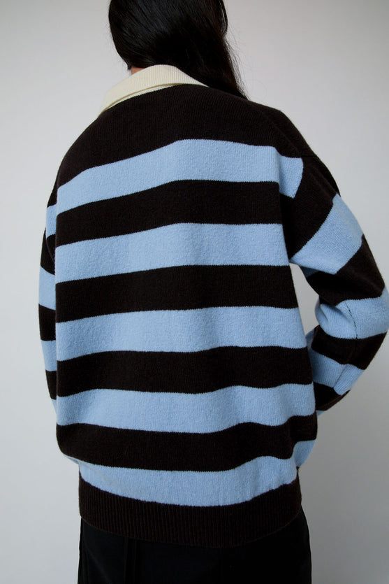 &Daughter Edith Stripe Polo Sweater in Dark Brown and Pale Blue