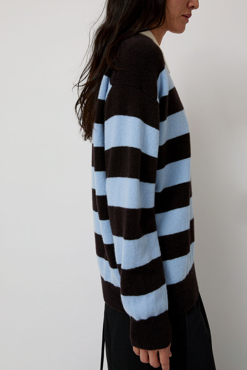 &Daughter Edith Stripe Polo Sweater in Dark Brown and Pale Blue