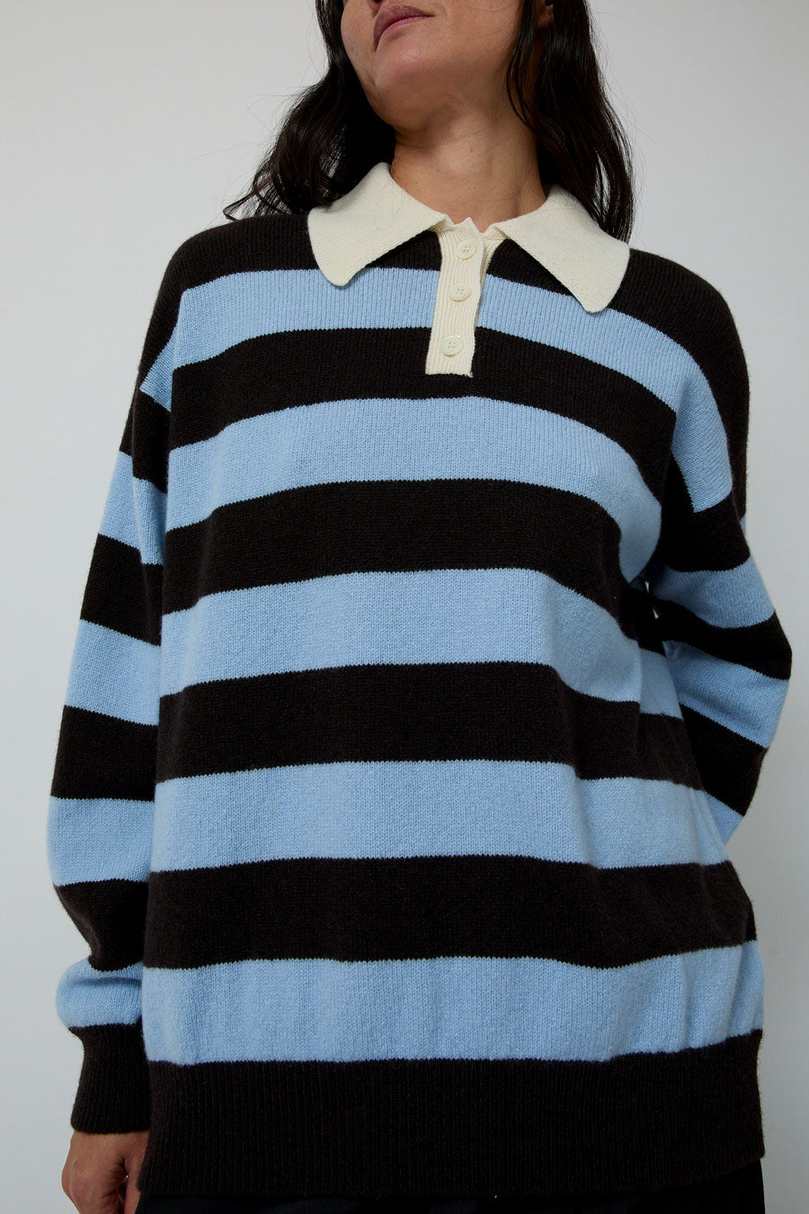 &Daughter Edith Stripe Polo Sweater in Dark Brown and Pale Blue