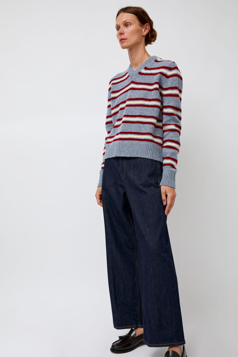 &Daughter Shetland Stripe V-Neck Sweater in Light Blue Stripe